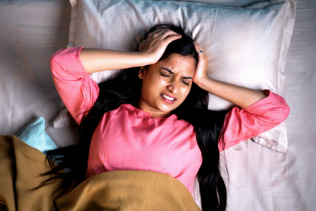 woman holding her head in severe pain showing migraine vs normal headache symptoms
