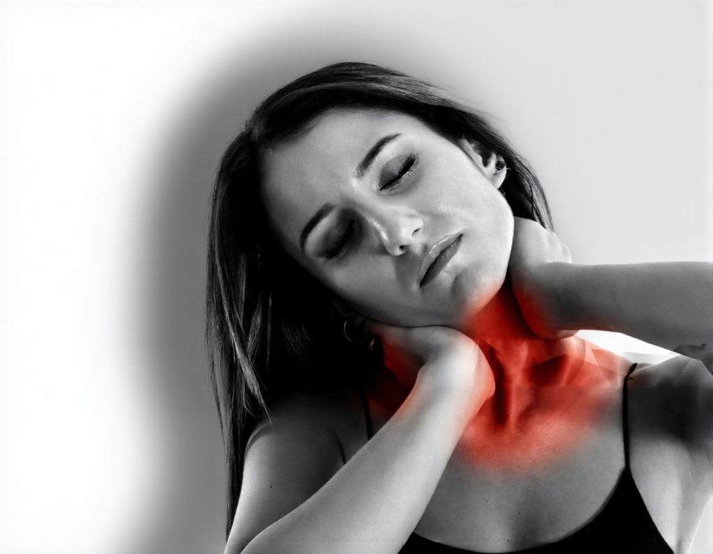 “woman with neck pain showing symptoms related to women’s health issues such as thyroid disorders”