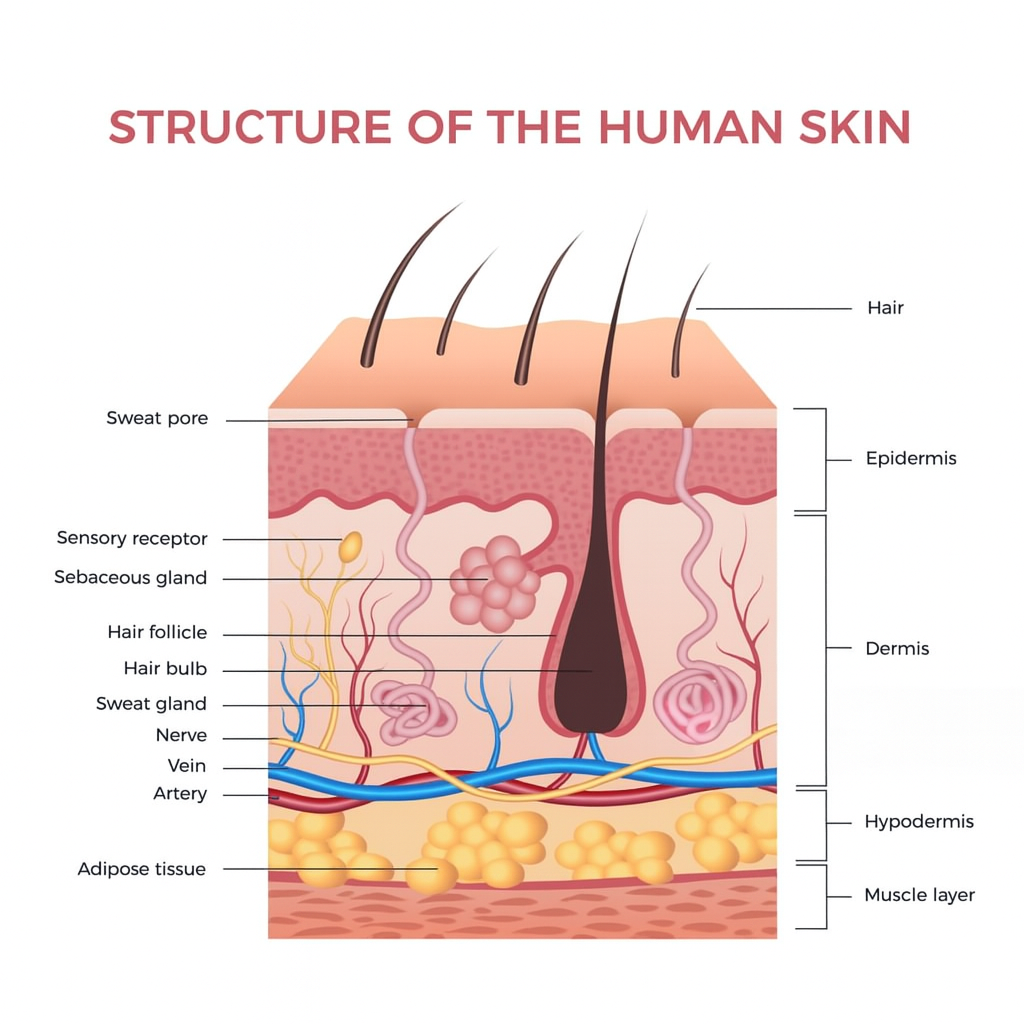 “illustration of human skin layers including epidermis dermis and hypodermis”