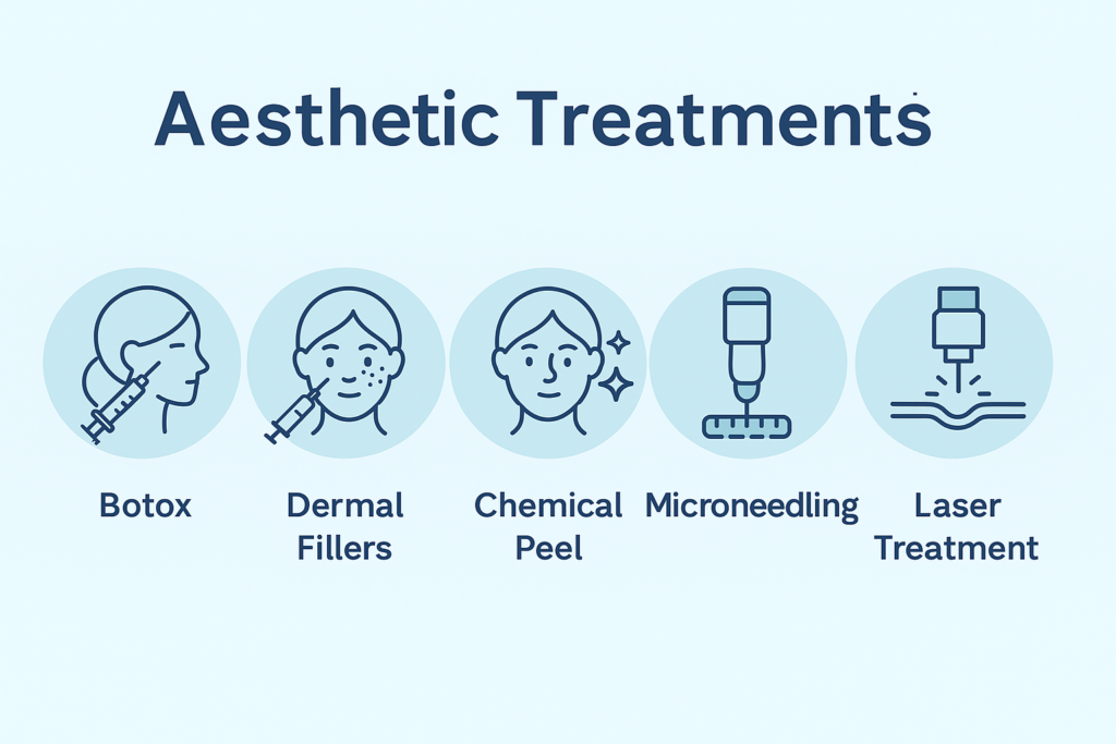 “icons of common aesthetic treatments including Botox fillers peels and lasers”