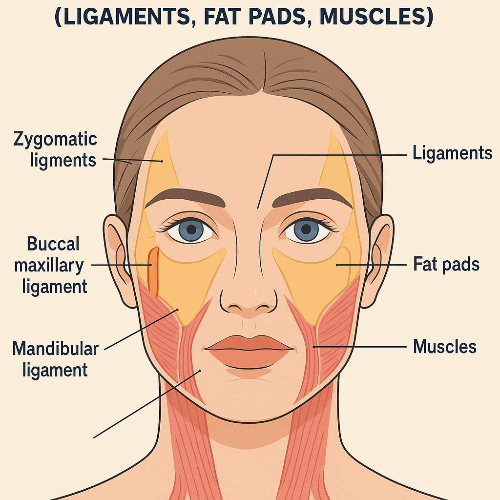 “facial anatomy diagram showing ligaments fat pads and muscles”